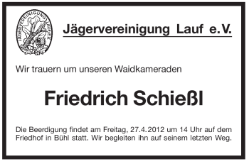 Traueranzeige von Friedrich Schießl von Pegnitz-Zeitung